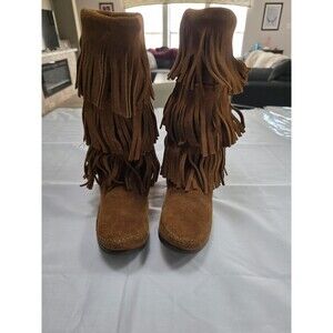 Minnetonka Moccasin Fringe Boots Women's 8 Brown Suede 3 Layer Tiered 11” 1632